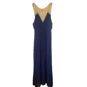 Ya Los Angeles Large Navy & Cream Cotton Maxi Dress with Lace Macrame Back